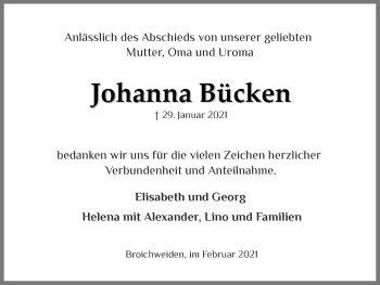 Traueranzeige von Johanna Bücken von Zeitung am Sonntag