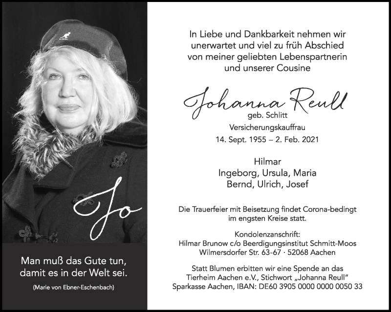  Traueranzeige für Johanna Reull vom 13.02.2021 aus Aachener Zeitung / Aachener Nachrichten