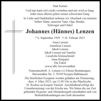 Traueranzeige von Johannes Lenzen von Zeitung am Sonntag