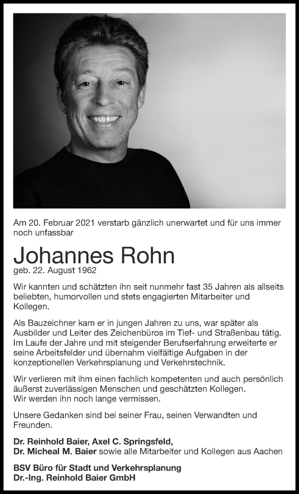  Traueranzeige für Johannes Rohn vom 27.02.2021 aus Aachener Zeitung / Aachener Nachrichten