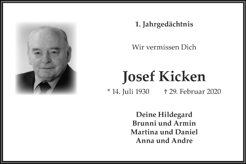  Traueranzeige für Josef Kicken vom 28.02.2021 aus Zeitung am Sonntag