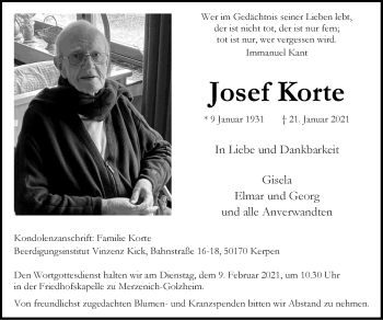 Traueranzeige von Josef Korte von Zeitung am Sonntag