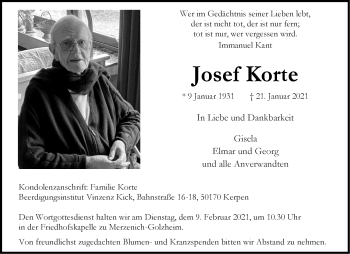 Traueranzeige von Josef Korte von Aachener Zeitung / Aachener Nachrichten