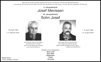 Traueranzeige von Josef Mevissen von Zeitung am Sonntag