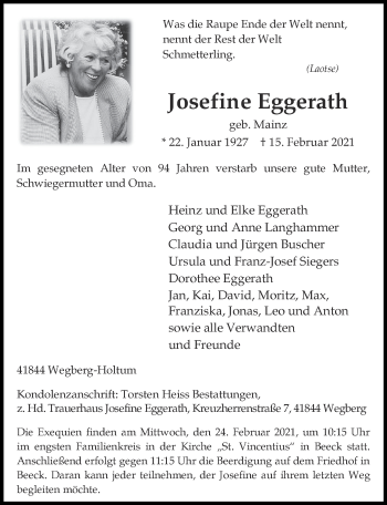 Traueranzeige von Josefine Eggerath von Zeitung am Sonntag