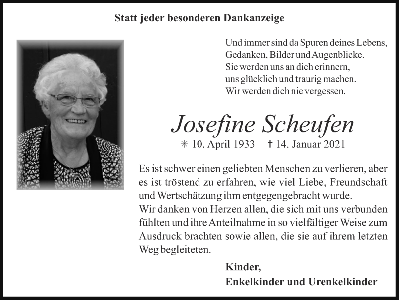  Traueranzeige für Josefine Scheufen vom 14.02.2021 aus Zeitung am Sonntag