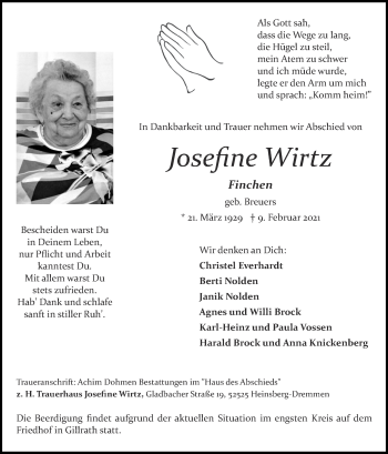 Traueranzeige von Josefine Wirtz von Zeitung am Sonntag