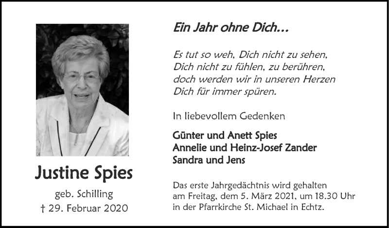  Traueranzeige für Justine Spies vom 28.02.2021 aus Zeitung am Sonntag
