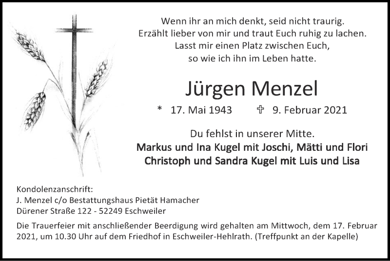  Traueranzeige für Jürgen Menzel vom 14.02.2021 aus Zeitung am Sonntag