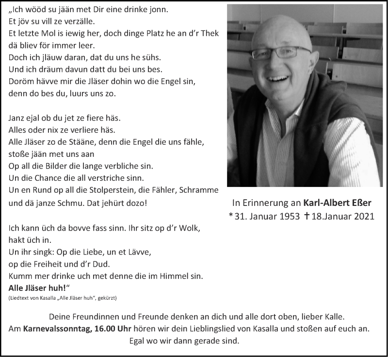  Traueranzeige für Karl-Albert Eßer vom 14.02.2021 aus Zeitung am Sonntag