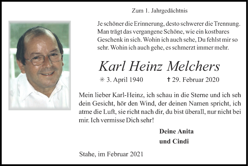  Traueranzeige für Karl Heinz Melchers vom 21.02.2021 aus Zeitung am Sonntag