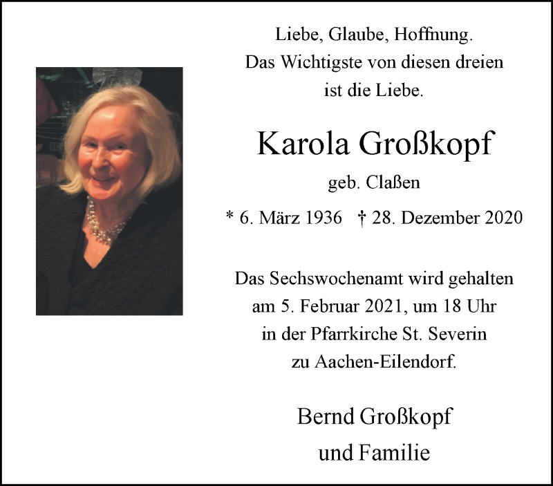  Traueranzeige für Karola Großkopf vom 03.02.2021 aus Aachener Zeitung / Aachener Nachrichten