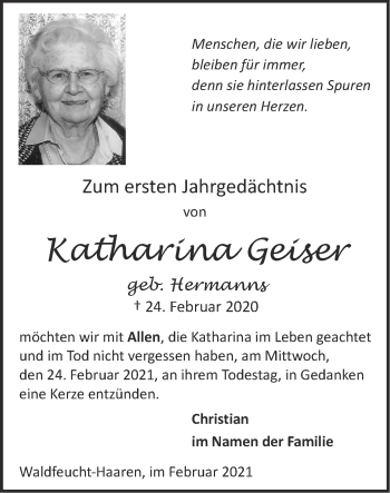 Traueranzeige von Katharina Geiser von Zeitung am Sonntag