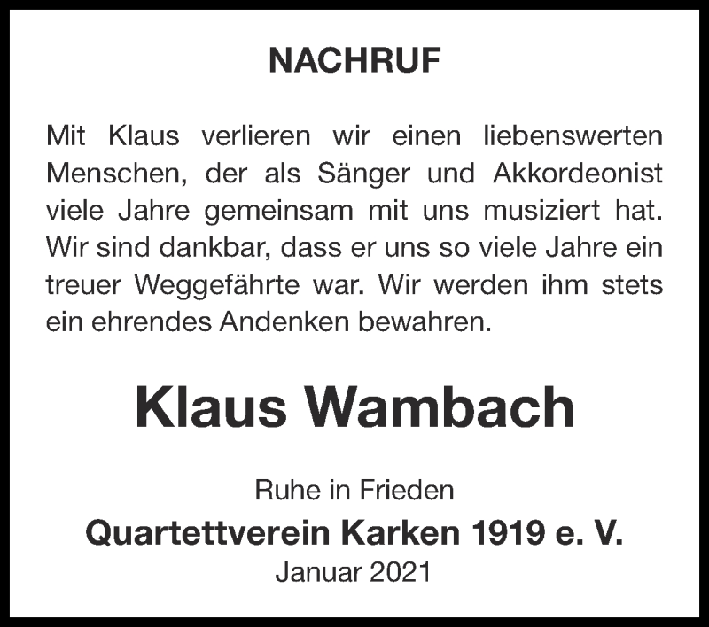  Traueranzeige für Klaus Wambach vom 07.02.2021 aus Zeitung am Sonntag