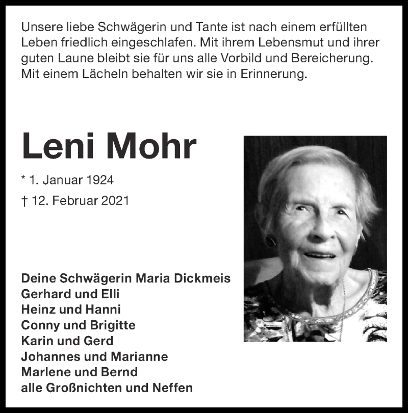  Traueranzeige für Leni  Mohr vom 21.02.2021 aus Zeitung am Sonntag