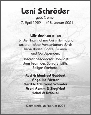 Traueranzeige von Leni Schröder von Zeitung am Sonntag