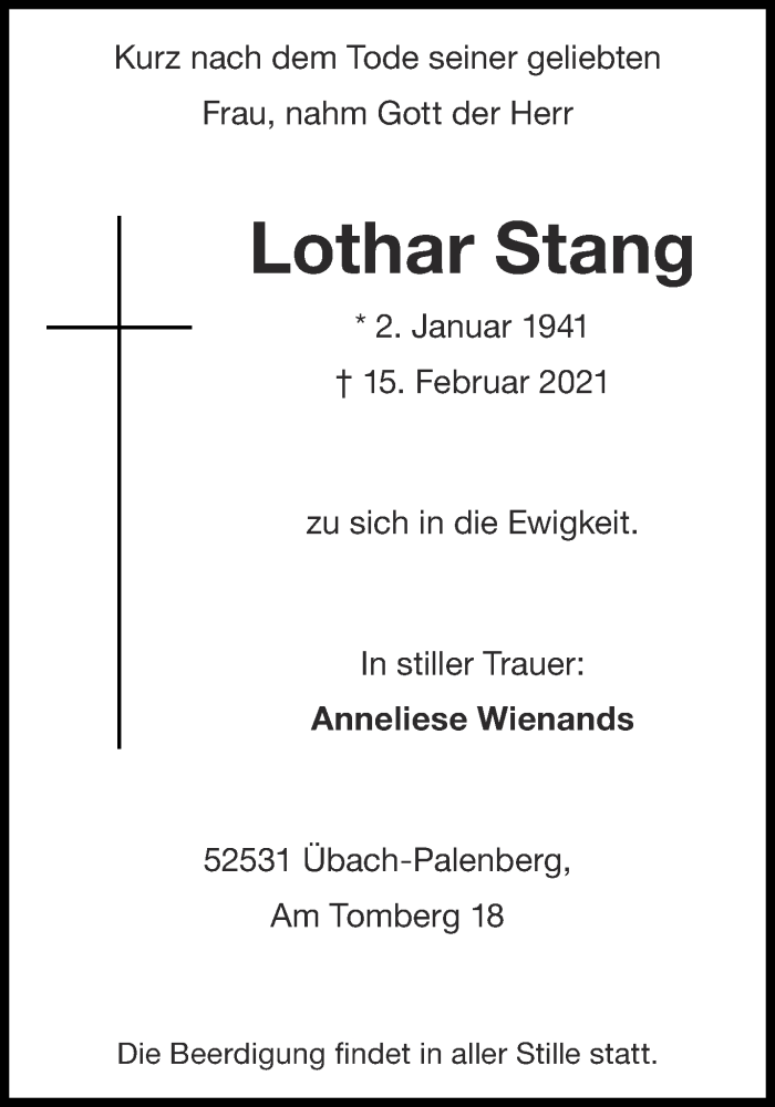  Traueranzeige für Lothar Stang vom 20.02.2021 aus Aachener Zeitung / Aachener Nachrichten
