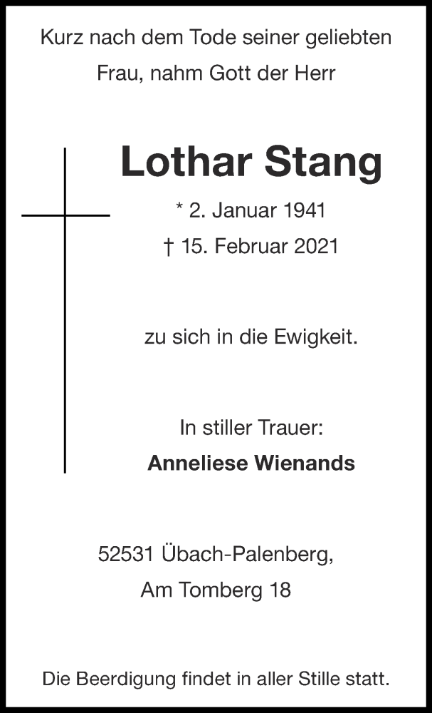  Traueranzeige für Lothar Stang vom 21.02.2021 aus Zeitung am Sonntag