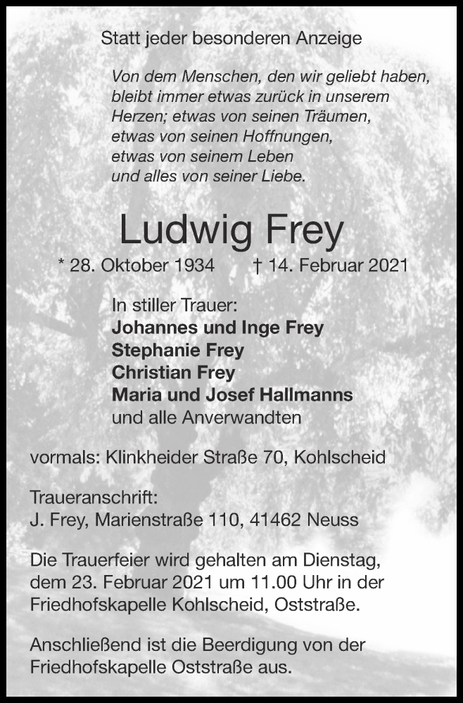  Traueranzeige für Ludwig Frey vom 21.02.2021 aus Zeitung am Sonntag