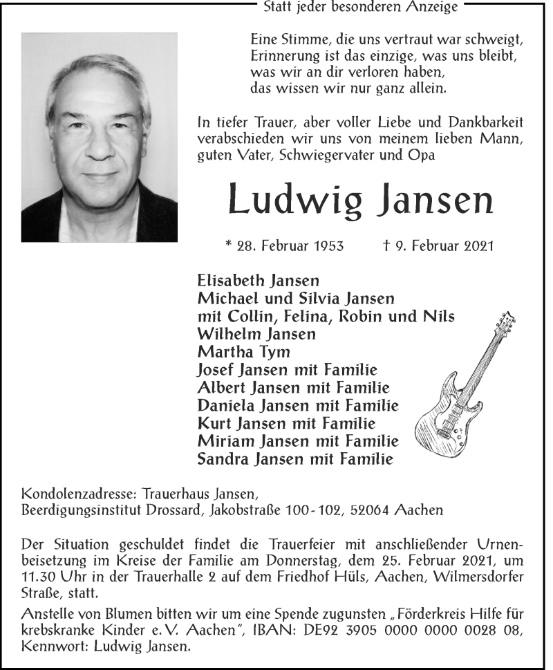  Traueranzeige für Ludwig Jansen vom 21.02.2021 aus Zeitung am Sonntag