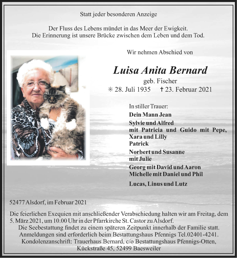  Traueranzeige für Luisa Anita Bernard vom 28.02.2021 aus Zeitung am Sonntag