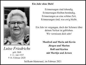 Traueranzeige von Luise Friedrichs von Zeitung am Sonntag