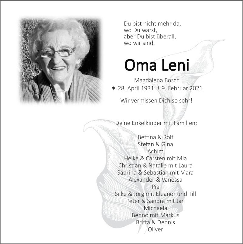  Traueranzeige für Magdalena Bosch vom 28.02.2021 aus Zeitung am Sonntag
