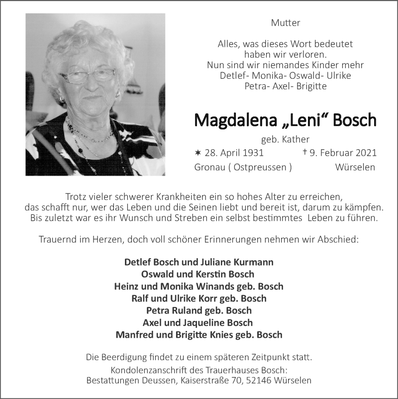  Traueranzeige für Magdalena Bosch vom 28.02.2021 aus Zeitung am Sonntag