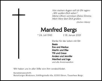 Traueranzeige von Manfred Bergs von Aachener Zeitung / Aachener Nachrichten