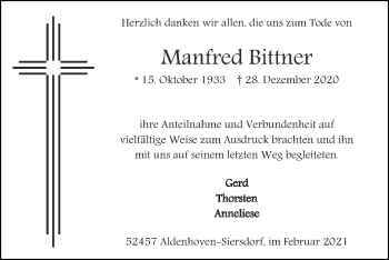 Traueranzeige von Manfred Bittner von Zeitung am Sonntag