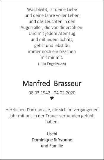 Traueranzeige von Manfred Brasseur von Aachener Zeitung / Aachener Nachrichten