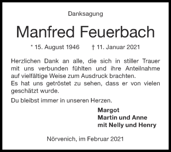 Traueranzeige von Manfred Feuerbach von Zeitung am Sonntag