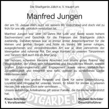 Traueranzeige von Manfred Jungen von Zeitung am Sonntag