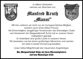 Traueranzeige von Manfred Kruth von Zeitung am Sonntag