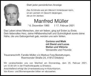 Traueranzeige von Manfred Müller von Zeitung am Sonntag