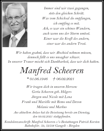 Traueranzeige von Manfred Scheeren von Zeitung am Sonntag