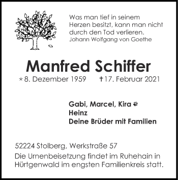 Traueranzeige von Manfred Schiffer von Zeitung am Sonntag