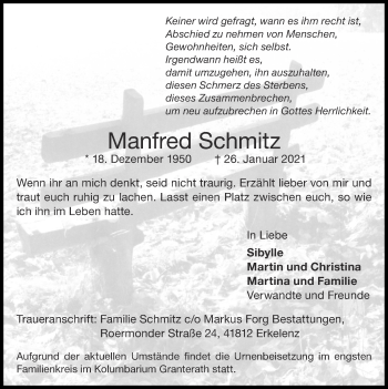 Traueranzeige von Manfred Schmitz von Zeitung am Sonntag