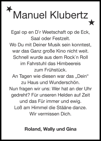 Traueranzeige von Manuel Klubertz von Zeitung am Sonntag
