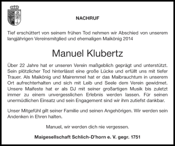Traueranzeige von Manuel Klubertz von Zeitung am Sonntag