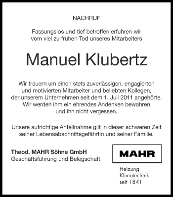 Traueranzeige von Manuel Klubertz von Zeitung am Sonntag