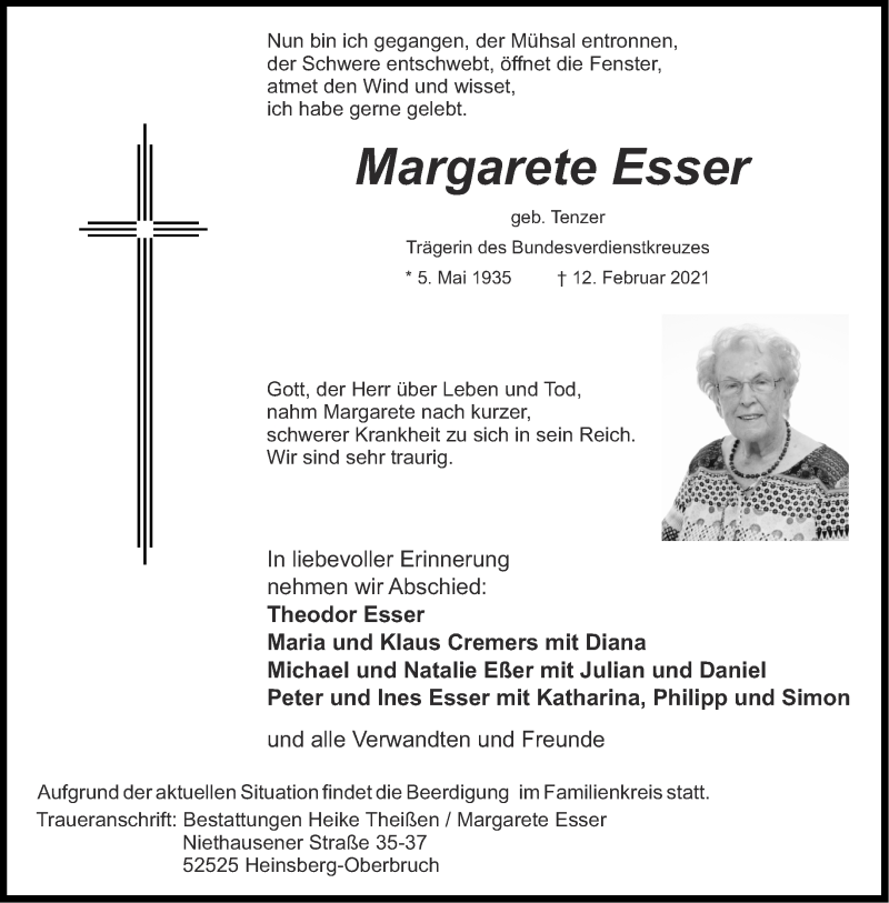  Traueranzeige für Margarete Esser vom 20.02.2021 aus Aachener Zeitung / Aachener Nachrichten