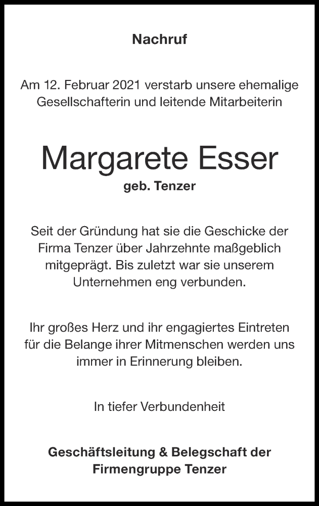  Traueranzeige für Margarete Esser vom 21.02.2021 aus Zeitung am Sonntag