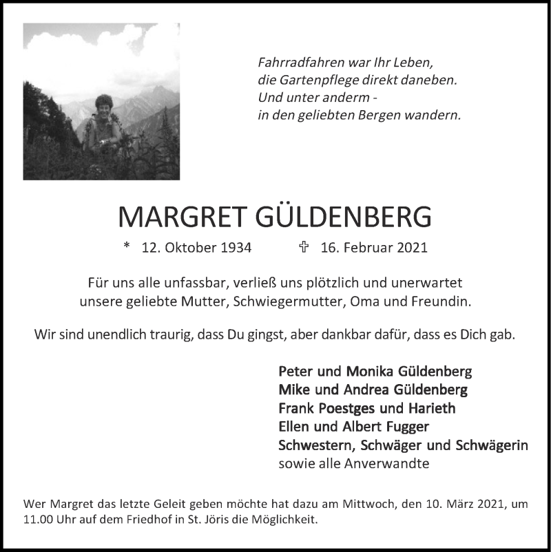  Traueranzeige für Margret Güldenberg vom 28.02.2021 aus Zeitung am Sonntag