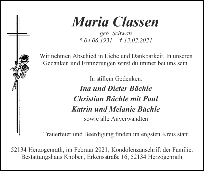  Traueranzeige für Maria Classen vom 21.02.2021 aus Zeitung am Sonntag
