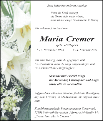 Traueranzeige von Maria Cremer von Zeitung am Sonntag
