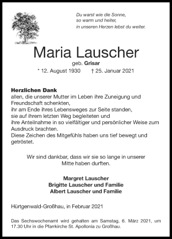Traueranzeige von Maria Lauscher von Zeitung am Sonntag