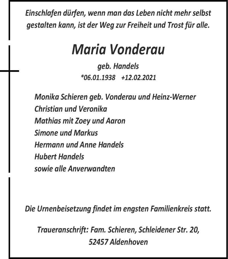  Traueranzeige für Maria Vonderau vom 28.02.2021 aus Zeitung am Sonntag