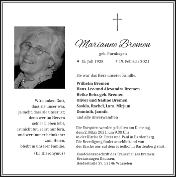 Traueranzeige von Marianne Bremen von Zeitung am Sonntag