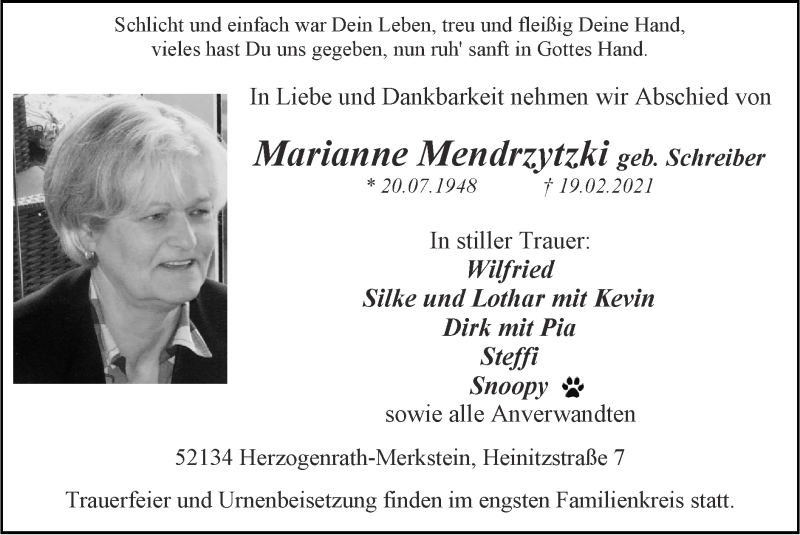  Traueranzeige für Marianne Mendrzytzki vom 28.02.2021 aus Zeitung am Sonntag